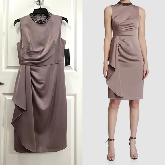 Aidan Mattox Embellished-Neck Satin Side-Drape Dress Size 6 - Picture 1 of 7